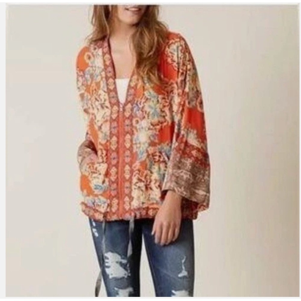 Free People Floral Kimono Jacket M/L Orange Blue Boho Festival Zip Front Pockets